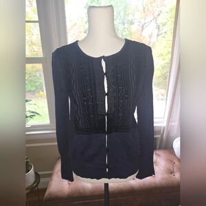 NWT, Anthropologie, Lace, Button Down Cardigan, Navy Blue And Black, Size M